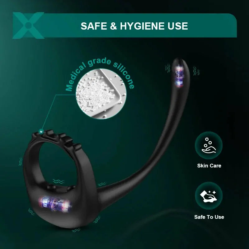 PR4: Anillo de Pene 3 en 1 de Silicona con Masajeador Prostático, Correa Ajustable y Mando