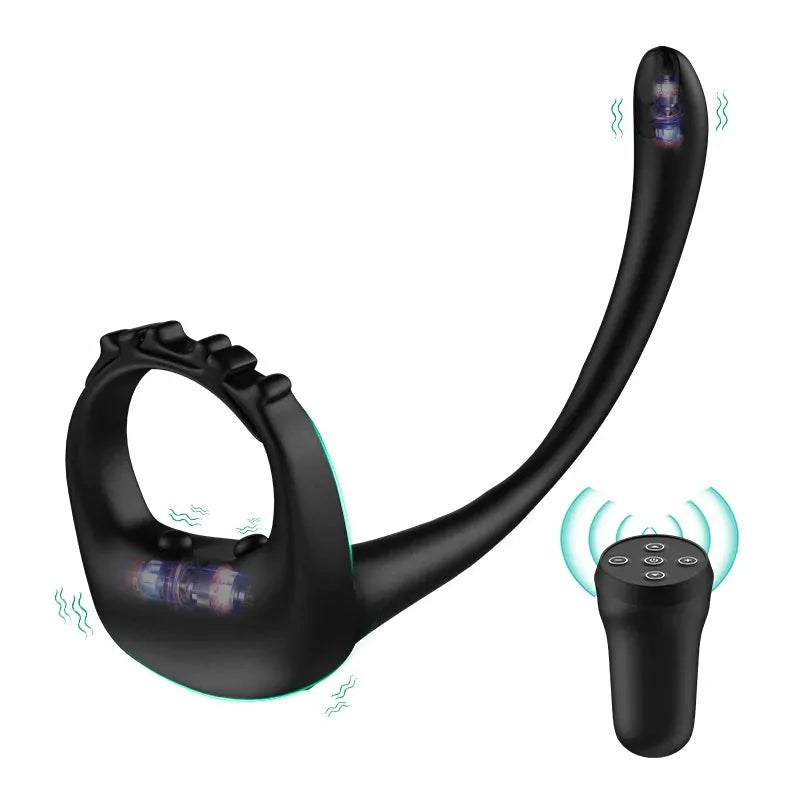 PR4: Anillo de Pene 3 en 1 de Silicona con Masajeador Prostático, Correa Ajustable y Mando