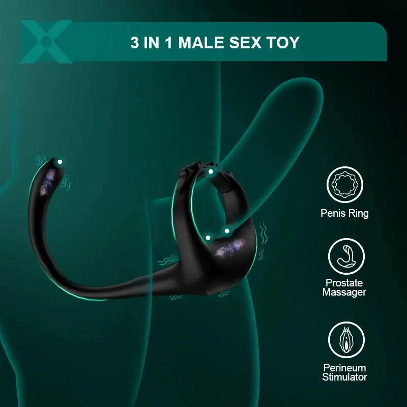 PR4: Anillo de Pene 3 en 1 de Silicona con Masajeador Prostático, Correa Ajustable y Mando