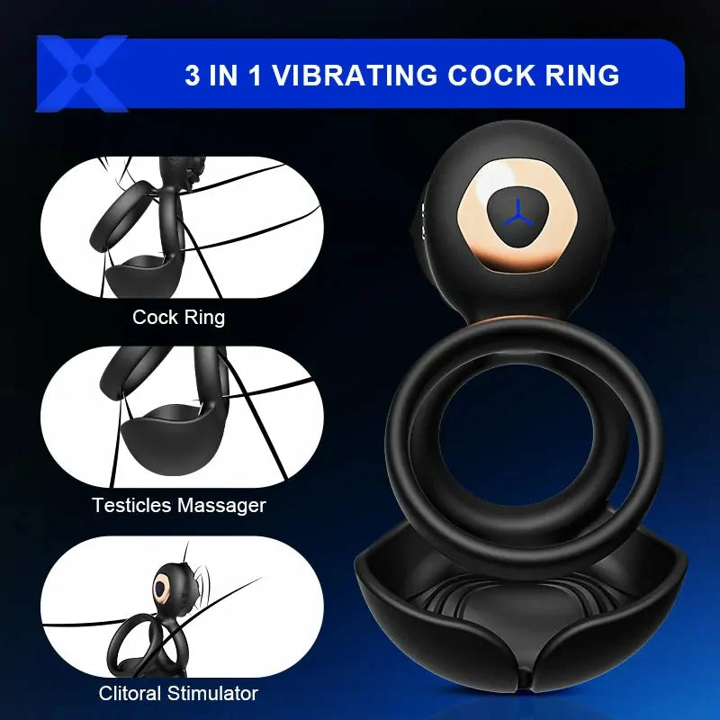 PR5: Anillo Vibrador Doble 3 en 1 con Soporte Escrotal y Estimulador de Clítoris en Rosa